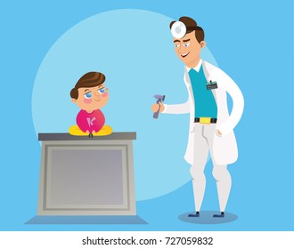 The otolaryngologist looks at the child. Doctor and child characters on medical examination