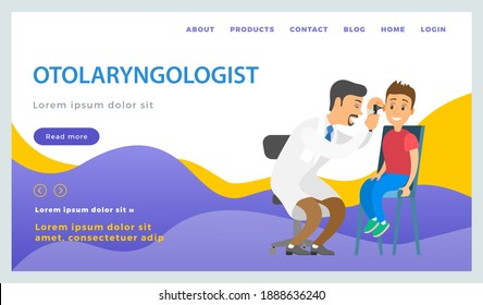 The otolaryngologist looks at the child. Doctor and kid characters on medical examination. ENT holds the boy by the head to check his ear. Otolaryngologist and little patient landing page template