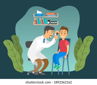 The otolaryngologist looks at the child. Doctor and kid characters on medical examination. ENT holds the boy by the head to check his ear. Otolaryngologist and little patient doing hearing test