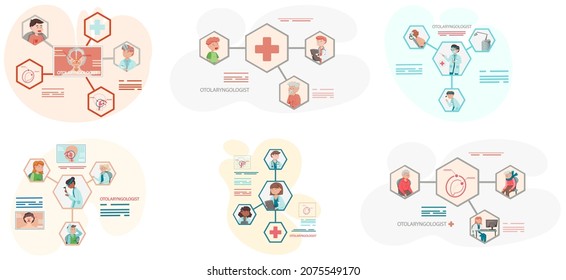 Otolaryngologist medical poster. Set of scenes and actions on topic of otolaryngology. Group of doctors use medical supplies to treat patients. Physician specializes in diagnosis and treatment