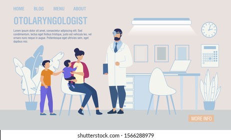 Otolaryngologist Online Service Trendy Flat Landing Page. Cartoon Mother with Children at ENT Doctor Appointment. Kids Medical Examination and Treatment Ear, Nose, Throat. Vector Illustration