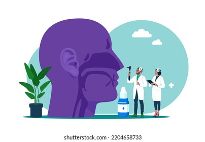 Otolaryngologist performing examination or check of head and neck. Concept of otorhinolaryngology, ENT surgery. Flat vector illustration.