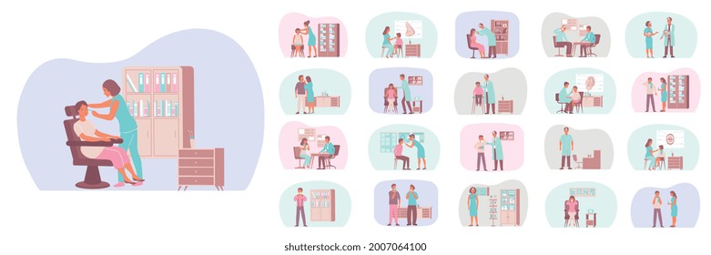 Conjunto otolaringólogo de veinte composiciones planas con vistas de visita a la oficina de médicos con personajes de pacientes ilustración vectorial