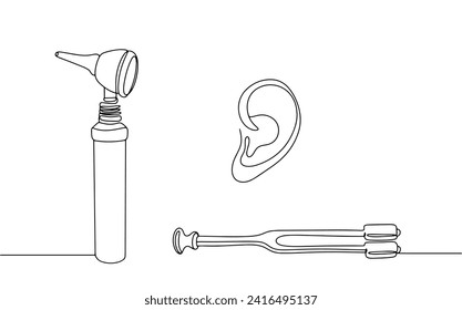 Otolaryngologist tools for hearing diagnostics. Otoscope and tuning fork. World Hearing Day. Images produced without the use of any form of AI software at any stage. 