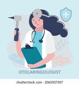 Otolaryngologist in uniform with medical instruments. Specialist treating diseases and pathologies of the ears, nose, throat. Portrait of ENT doctor with otoscope and reflector. Vector illustration