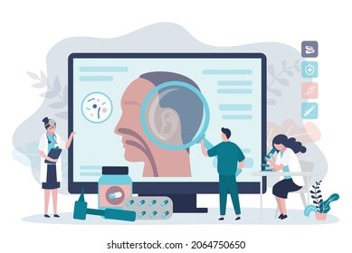 Otolaryngologist using magnifying glass examine ear on monitor. Doctor doing medical research using microscope. Various ENT instruments and medications. Otolaryngology concept.Flat vector illustration