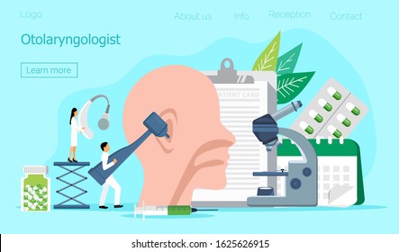 Otolaryngologist vector web template for landing page, header. Tiny doctors treat and exemine patient ear, nose and throat. Otolaryngology health careconcept. Rally, seminar and various deaf awareness