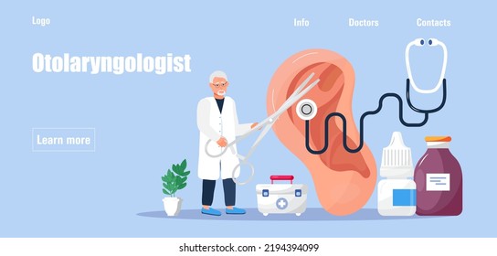 Otolaryngologist vector web template for landing page, header. Tiny doctors treat and exemine patient ear, nose and throat. Otolaryngology health careconcept. Tiny doctor give hearing aid.