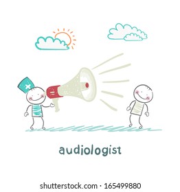 otolaryngologist yells into a megaphone on patient