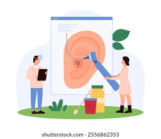 Otolaryngologists analyze an ear x-ray using a large otoscope. Scene includes medical supplies and charts, emphasizing comprehensive ENT examination and ear health vector illustration