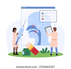 Otolaryngologists examine a throat x-ray using an oversized syringe and medical chart. Scene includes medication, emphasizing detailed ENT medical assessment and treatment vector illustration