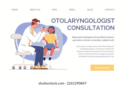 Otolaryngology checks ears of child with hearing loss or earache using otoscope. Prevention, diagnosis, treatment of ENT diseases. Vector flat cartoon illustration. Web template, landing page, website