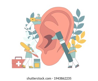 Otolaryngology concept. Ear treatment. Small people examine the ear with medical instruments. Deafness treatment. Hearing problems. Hearing diagnostics. Vector flat design illustration.