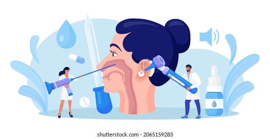 Otolaryngology concept. ENT doctor treating diseases of ear, nose, throat and neck. Otolaryngologist with medical instrument examines patient. Otoscopy procedure. Nasopharynx, sinuses, ear specula.