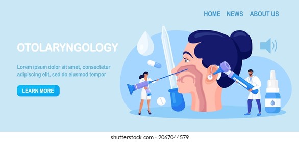 Otolaryngology concept. ENT doctor treating diseases of ear, nose, throat and neck. Otolaryngologist with medical instrument examines patient. Otoscopy procedure. Nasopharynx, sinuses, ear specula