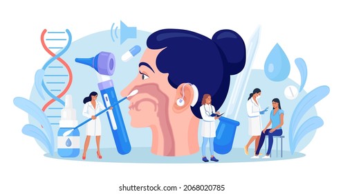 Otolaryngology concept. ENT doctor treating diseases of ear, nose, throat and neck. Otolaryngologist with medical instrument examines patient. Otoscopy procedure. Nasopharynx, sinuses, ear specula.