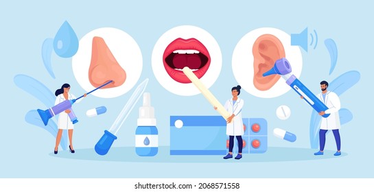 Otolaryngology concept. ENT doctor treating diseases of ear, nose, throat and neck. Otolaryngologist with medical instrument examines patient. Otoscopy procedure. Nasopharynx, sinuses, ear specula.