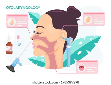 Otolaryngology concept. Woman undergoing ear, nose or throat treatment at ENT clinic, isolated vector illustration in cartoon flat style.