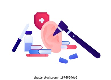 Otolaryngology consultation and deaf study concept. Vector flat medical illustration. Ear, otoscope, lab equipment, books and red shield with cross symbol. Design for health care, pharmacology.