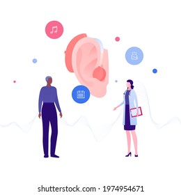 Otolaryngology consultation and deaf study concept. Vector flat medical people illustration. Ear with hearing aid device. Female doctor and senior african american male patient. Design for health care