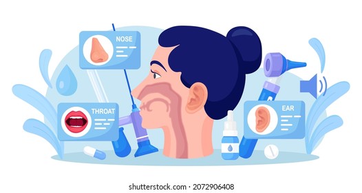 Otolaryngology consultation and deaf study concept. Woman undergoing ear, nose or throat treatment at ENT clinic. Otoscopy procedure, pharmacology. Vector illustration