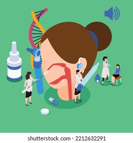 Otolaryngology - ENT doctor treating diseases of ear, nose, throat and neck isometric 3d vector illustration concept for banner, website, illustration, landing page, flyer, etc.