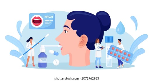 Otolaryngology. ENT treating diseases of ear, nose, throat. Doctor prescribes medications for patient with sore throat, inflamed tonsils, bacterial, viral infection, otitis, runny nose, cough 