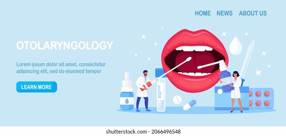 Otolaryngology. ENT treating diseases throat and neck. Otolaryngologist examines patient. Doctor prescribes medications for girl with sore throat. Inflamed tonsils, bacterial and viral infection