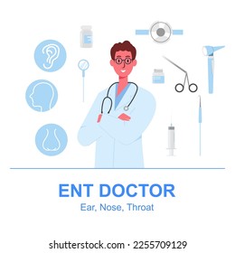 Otolaryngology icon set, ENT doctor elements and tools isolated on white bacground. Vector illustration