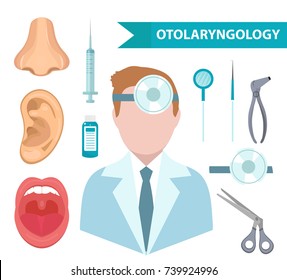 Otolaryngology icon set, flat style. Doctor treating ear, throat, nose. ENT collection of design elements, isolated on white background. Medicine concept. Vector illustration
