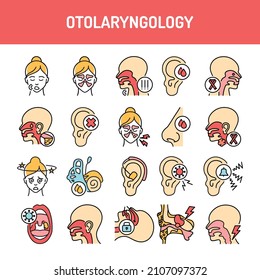 Otolaryngology line icons set. Isolated vector element. Outline pictograms for web page, mobile app, promo. Editable stroke.