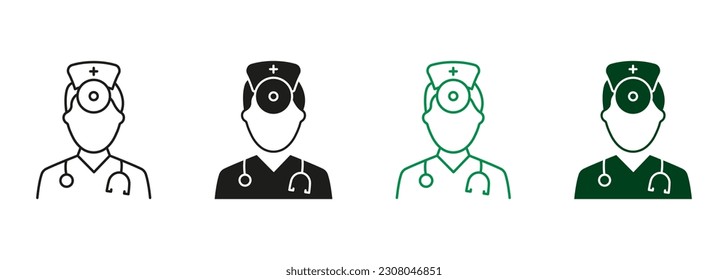 Otolaryngology Medic Staff Black and Color Pictogram. Ear, Nose, Throat Doctor Symbol Collection. ENT Specialist. Otolaryngologist Doctor Line and Silhouette Icon Set. Isolated Vector Illustration.