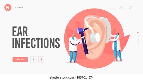 Otolaryngology Medicine, Deafness Landing Page Template. Tiny Male Female Doctor Characters Fitting Deaf Aid on Huge Patient Ear Hearing Loss Medical Health Problem. Cartoon People Vector Illustration