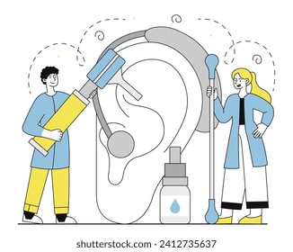 Otolaryngology medicine linear concept. Man and woman with medical equipment near ear. Health care and treatment, diagnosis. Doctors with ear drops. Doodle flat vector illustration