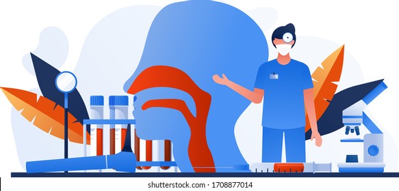 Otolaryngology tools. Ear doctor in face mask. Vector illustration. Nasopharynx and sinuses. Deaf awareness. Medical check up patient ear, nose and throat. Ear specula, reflector, pharmacy. 