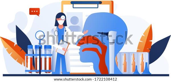 Otolaryngology\
tools. Ear doctor in face mask. Vector illustration. Nasopharynx\
and sinuses. Deaf awareness. Medical check up patient ear, nose and\
throat. Ear specula, reflector, pharmacy.\
