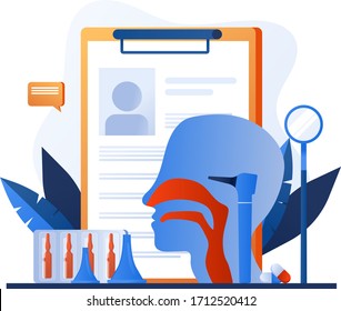 Otolaryngology tools. Ear doctor. Vector illustration. Nasopharynx and sinuses. Deaf awareness. Medical check up patient ear, nose and throat. Ear specula, otoscope, reflector, pharmacy. 