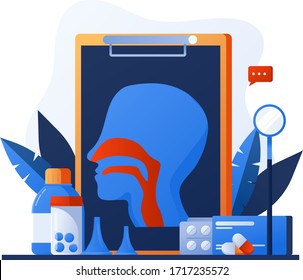 Otolaryngology tools. Ear doctor. Vector illustration. Nasopharynx and sinuses. Deaf awareness. Medical check up patient ear, nose and throat. Ear specula, otoscope, reflector, pharmacy banner.