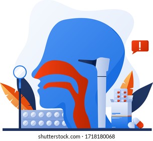 Otolaryngology tools. Ear doctor. Vector illustration. Nasopharynx and sinuses. Deaf awareness. Medical check up patient ear, nose and throat. Ear specula, otoscope, reflector, pharmacy banner.