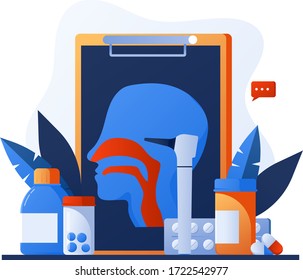 Otolaryngology tools. Ear doctor. Vector illustration. Nasopharynx and sinuses. Deaf awareness. Medical check up patient ear, nose and throat. Ear specula, otoscope, reflector, pharmacy banner.