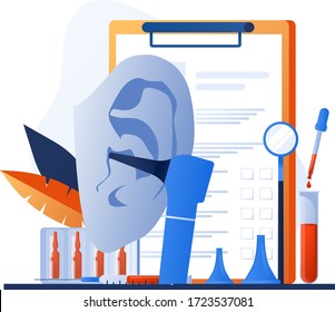 Otolaryngology tools. Ear doctor. Vector illustration. Medical office equipment. Deaf awareness. Medical check up patient ear. Doctor in face mask use otoscope, reflector, pharmacy banner, flyer