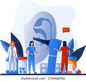 Otolaryngology tools. Ear doctor. Vector illustration. Medical office equipment. Deaf awareness. Medical check up patient ear. Doctor in face mask use otoscope, reflector, pharmacy banner, flyer