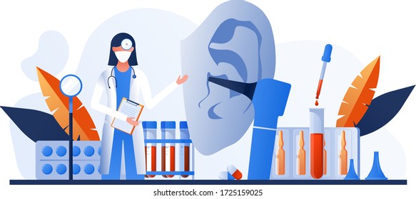 Otolaryngology tools. Ear doctor. Vector illustration. Medical office equipment. Deaf awareness. Medical check up patient ear. Doctor in face mask use otoscope, reflector, pharmacy banner, flyer