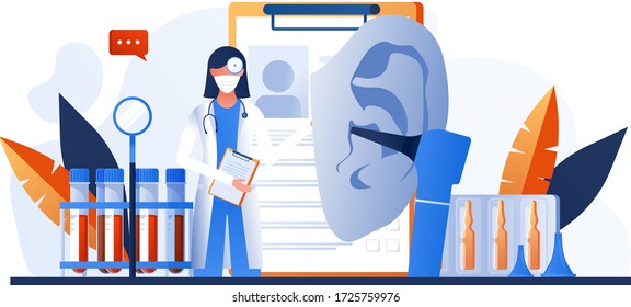 Otolaryngology tools. Ear doctor. Vector illustration. Medical office equipment. Deaf awareness. Medical check up patient ear. Doctor in face mask use otoscope, reflector, pharmacy banner, flyer