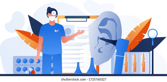 Otolaryngology tools. Ear doctor. Vector illustration. Medical office equipment. Deaf awareness. Medical check up patient ear. Doctor in face mask use otoscope, reflector, pharmacy banner, flyer