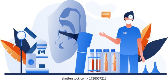 Otolaryngology tools. Ear doctor. Vector illustration. Medical office equipment. Deaf awareness. Medical check up patient ear. Doctor in face mask use otoscope, reflector, pharmacy banner, flyer