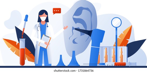 Otolaryngology tools. Ear doctor. Vector illustration. Medical office equipment. Deaf awareness. Medical check up patient ear. Doctor in face mask use otoscope, reflector, pharmacy banner, flyer