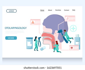 Otolaryngology vector website template, web page and landing page design for website and mobile site development. Male and female characters otolaryngologists checking patient ear, nose and throat.