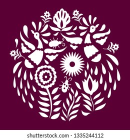 Otomi Style Circle Pattern. White animals on Purple Background