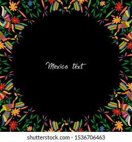 Otomi style, Colorful Mexican Traditional Textile Embroidery Style from Tenango, Hidalgo México. Round Copy Space Floral and peacocks Composition, black background 